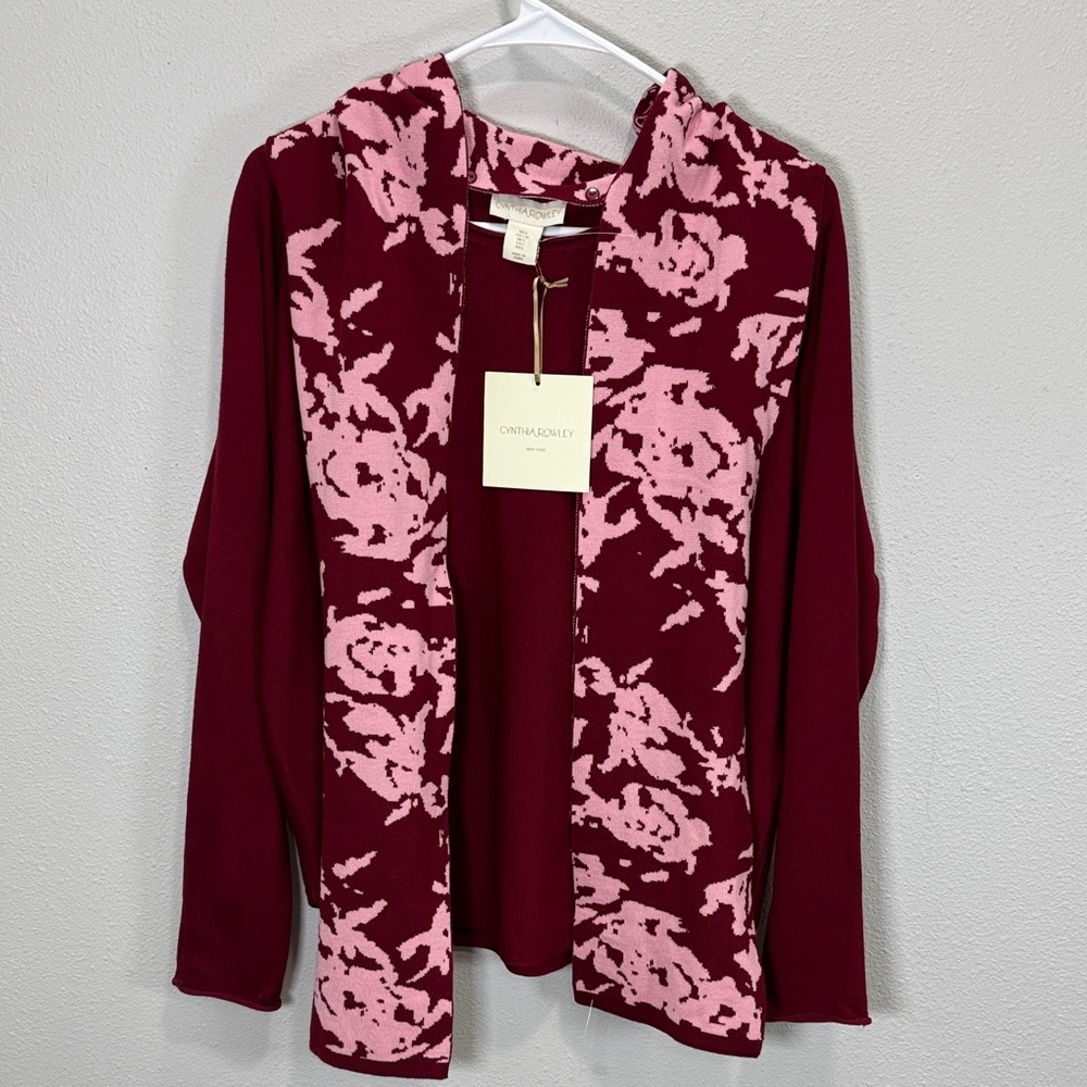 Cynthia Rowley Burgundy and Pink Hooded Cardigan Sweater and matching scarf